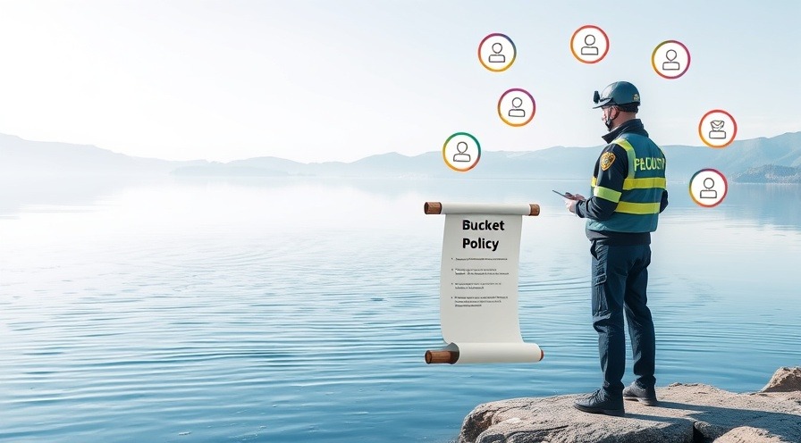 Security guard by digital lake reviewing 'Bucket Policy' scroll with access level icons.