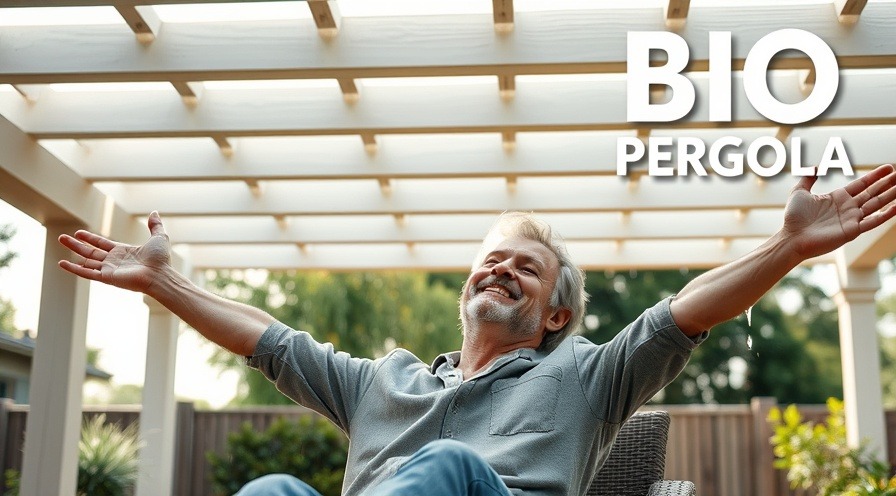 Smiling homeowner relaxing under a sleek BIO pergola, enjoying sun and light rain.