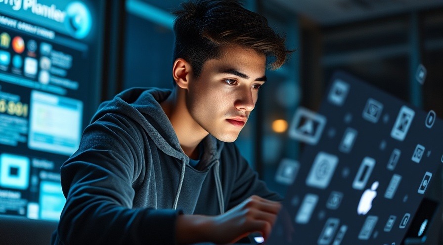 Focused young adult in a hoodie working on a laptop with glowing device icons.
