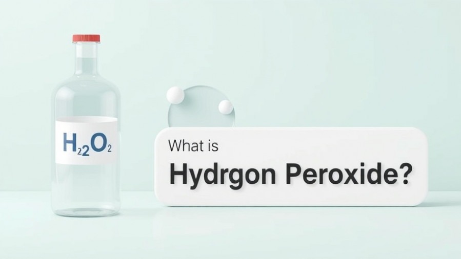 hydrogen peroxide with H₂O₂ bottle and molecular model.