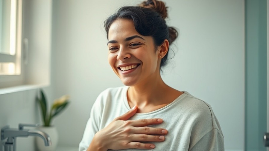 Young adult smiling in a bright bathroom, highlighting gut health and digestive well-being.