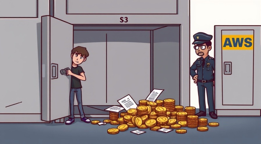 Cartoon panel of S3 storage unit overflowing with coins and documents, frustrated AWS guard.