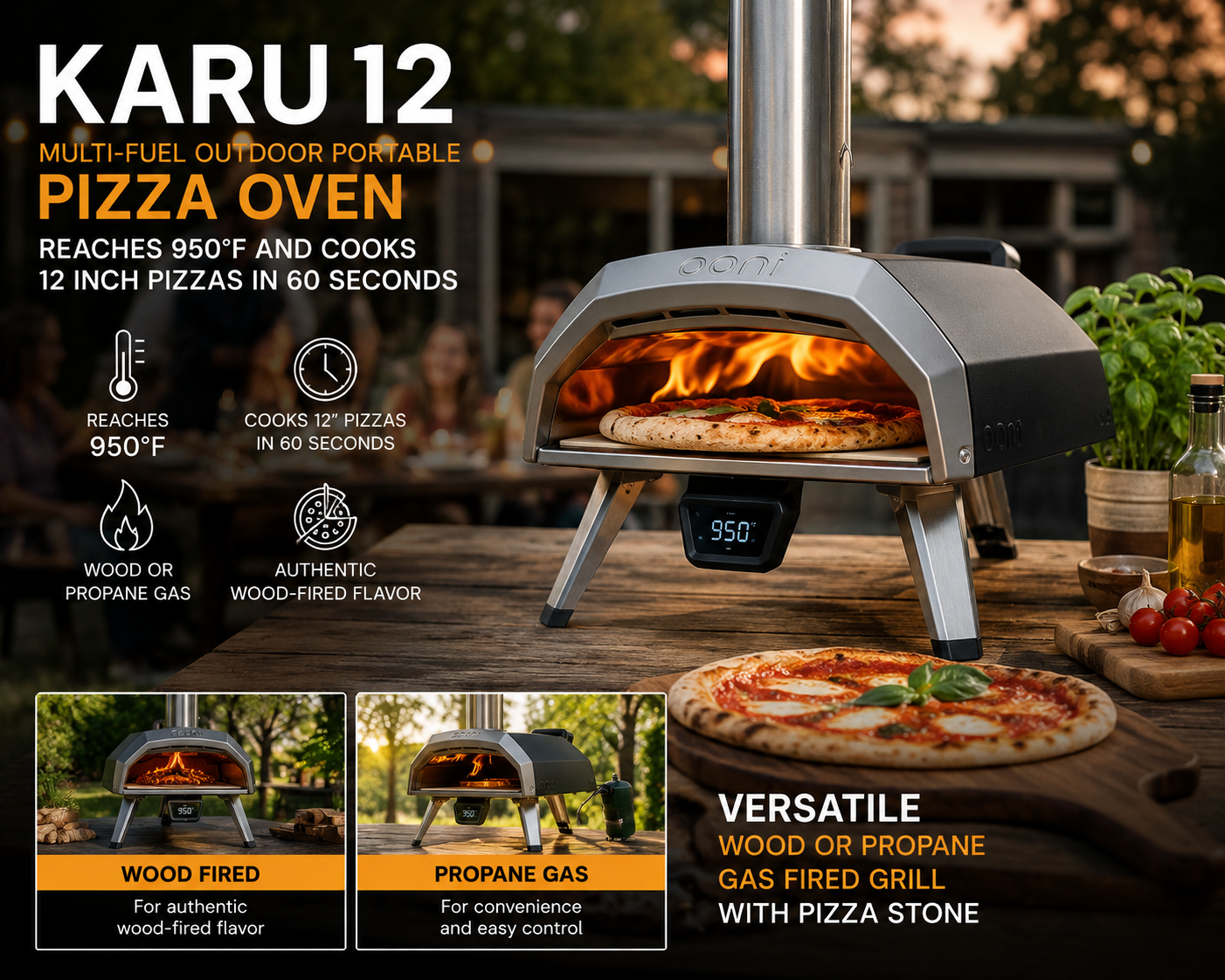 Outdoor pizza oven ad in sunset light