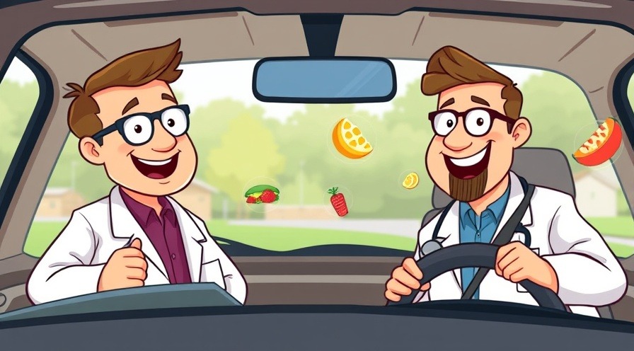 Cartoon doctors offer healthy food advice at a cheerful drive-thru.