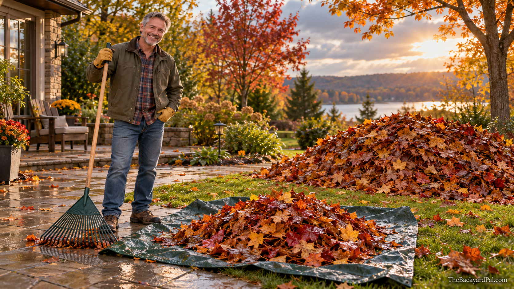 Homeowner gathers a small load of autumn leaves onto a backyard collection tarp