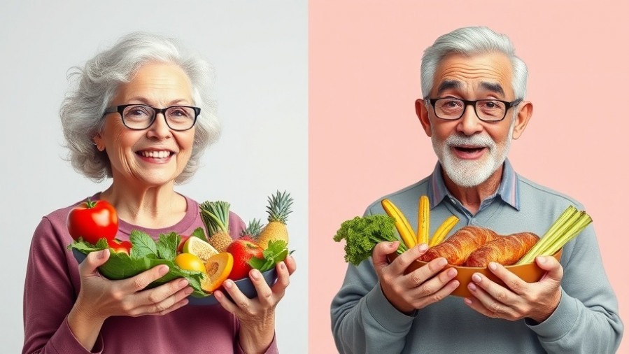 Contrasting visuals of holistic solutions: happy woman with healthy food vs. unimpressed man with junk food.