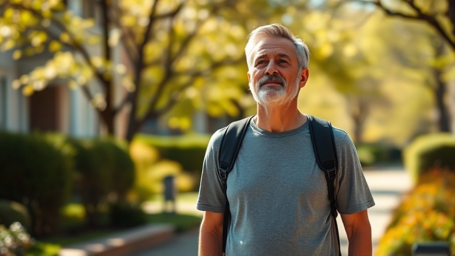 Peaceful wellness scene outdoors, relaxed adult walking in fresh greenery.