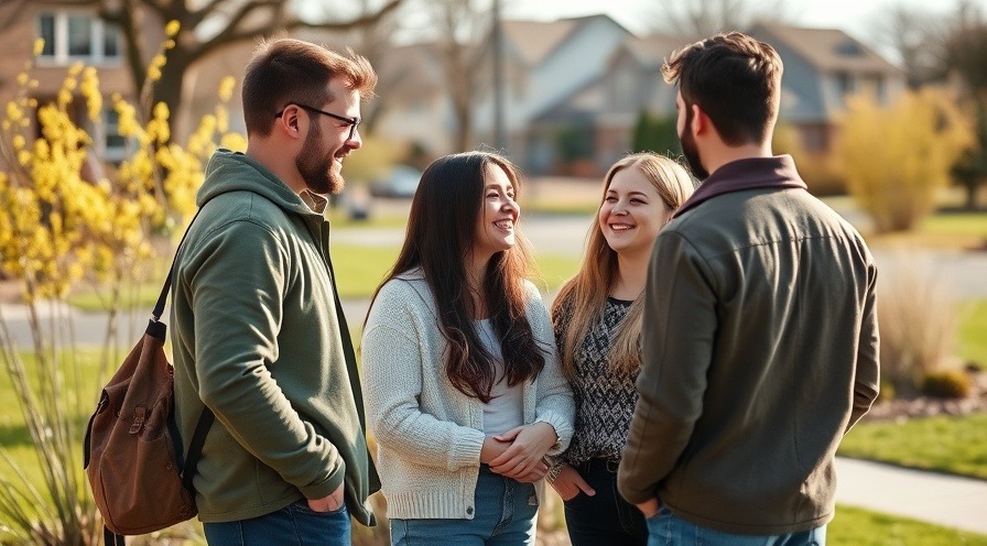 Friends enjoying springtime outdoors in the suburbs, chatting together.
