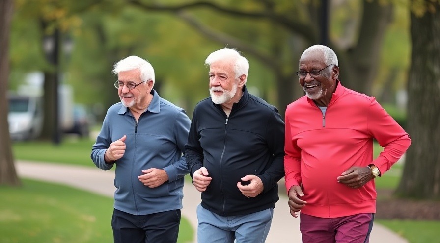 Three retired men of diverse backgrounds walking for exercise in park.