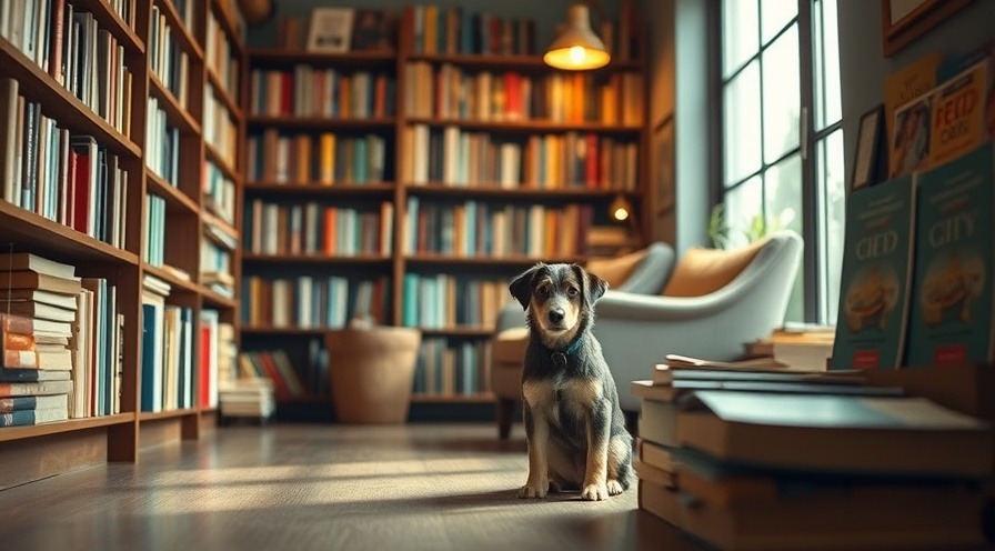 A small dog at owner's feet in a cozy bookstore, warm light and books around.