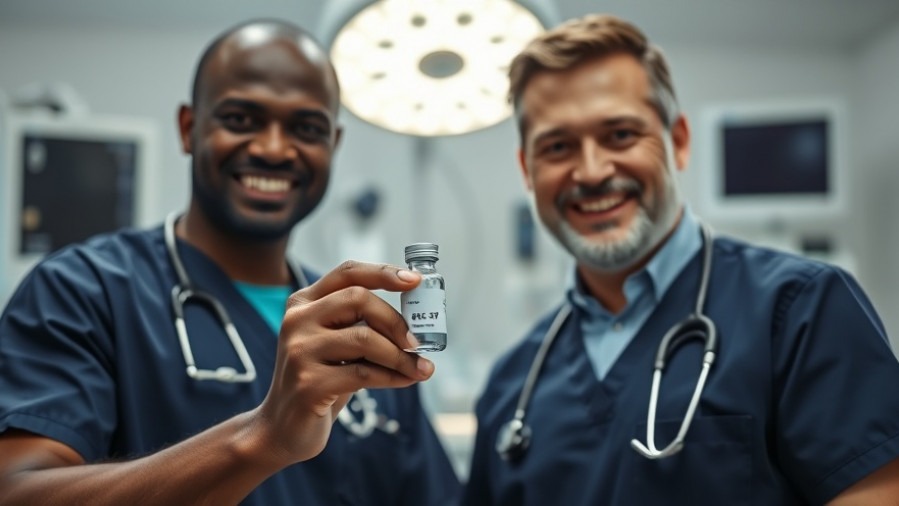 Two smiling doctors in navy scrubs hold a BPC-157 vial, showcasing peptide benefits.