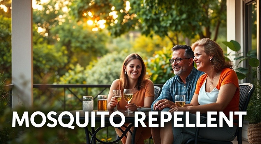 Happy family enjoying a mosquito-free patio at golden hour, surrounded by lush greenery.
