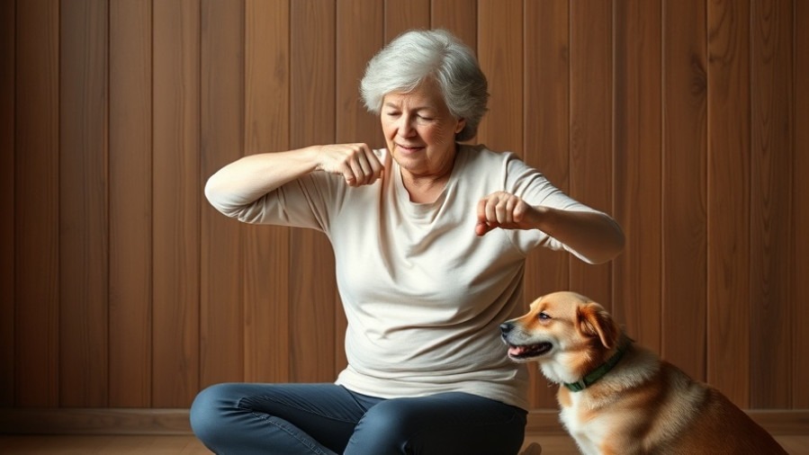Middle-aged woman exercises for joint health with a playful dog nearby, showcasing comfort and flexibility.