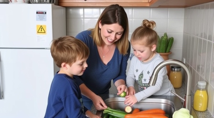 Kids helping mom wash vegetables for a heart-healthy diet and family meal planning.