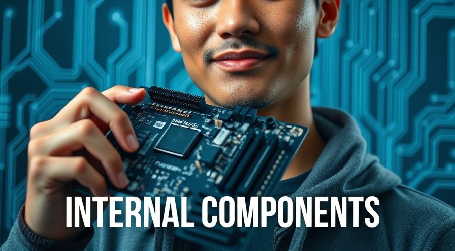 Confident young IT professional holding a motherboard with digital circuit overlay.