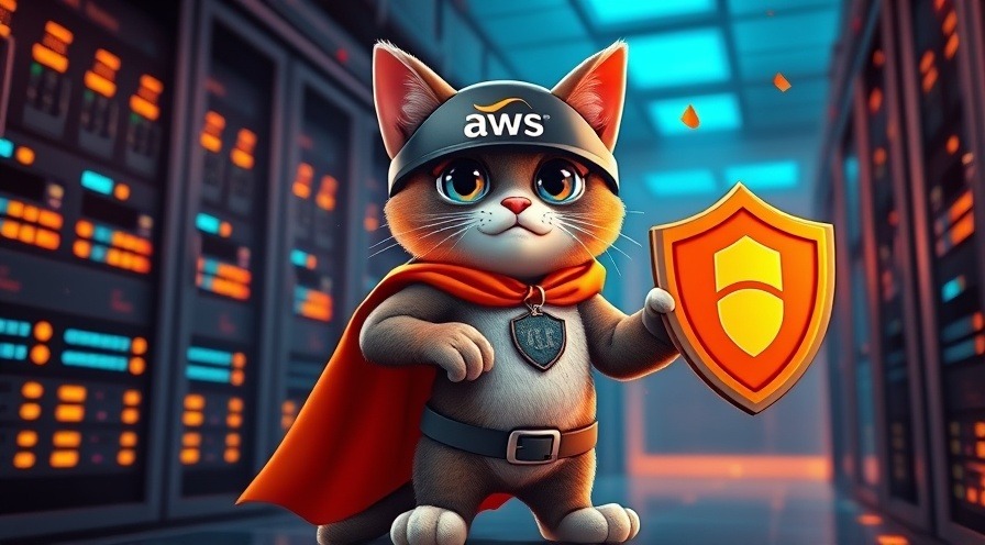 Superhero cat in cape and AWS helmet guarding a glowing server room with a firewall shield.