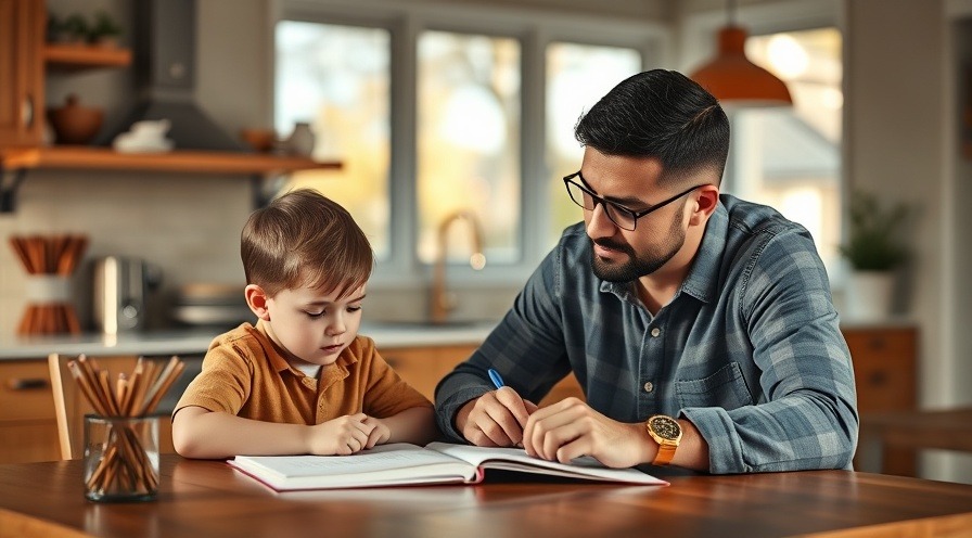 Modern father assisting child with homework in a warm, photorealistic kitchen.