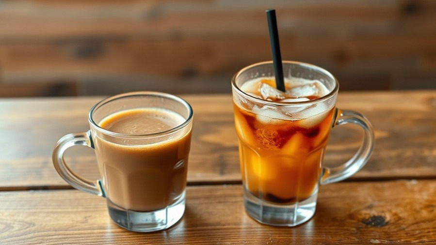 Hot coffee and iced coffee on rustic table, morning ambiance.