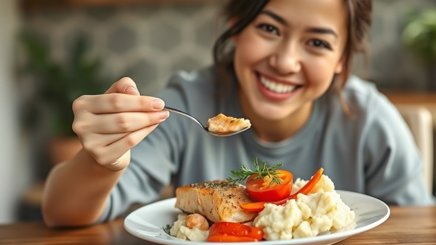 Young woman enjoying salmon and colorful veggies, smiling in warm daylight.