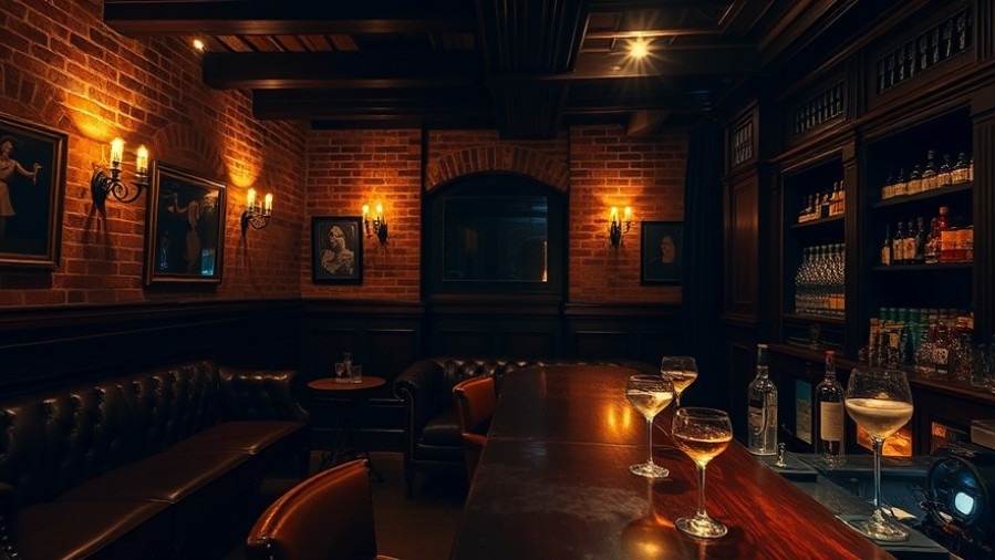 Prohibition-style speakeasy interior with exposed brick and elegant cocktails.