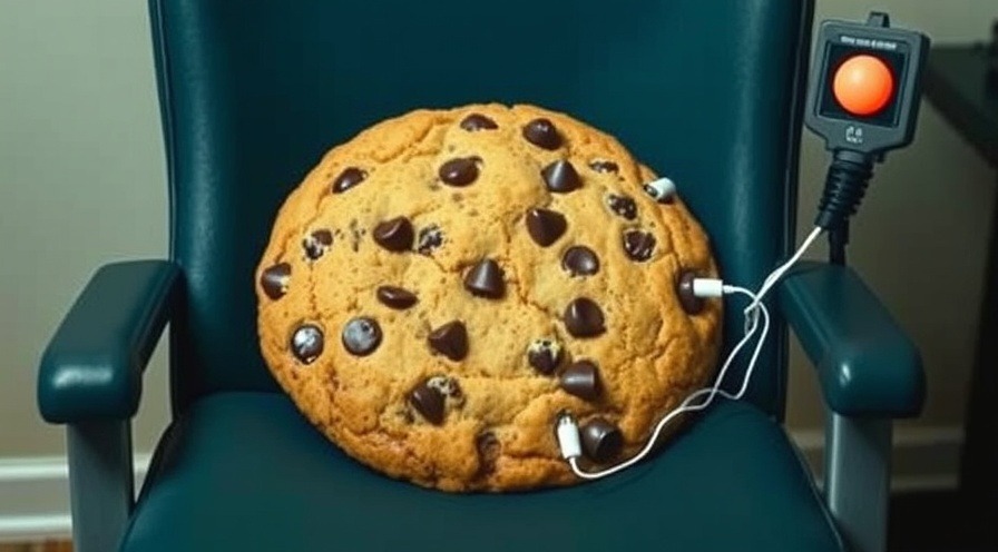 Large chocolate chip cookie in a chair with lie detector electrodes attached.