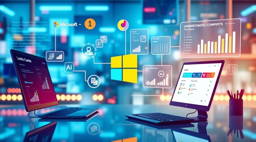 Digital art of Microsoft compliance tools showcasing modern technology and vibrant visuals.