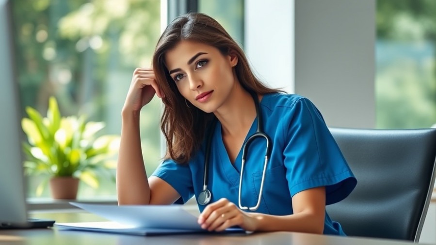 Professional woman in scrubs, contemplating emotional support in fertility.