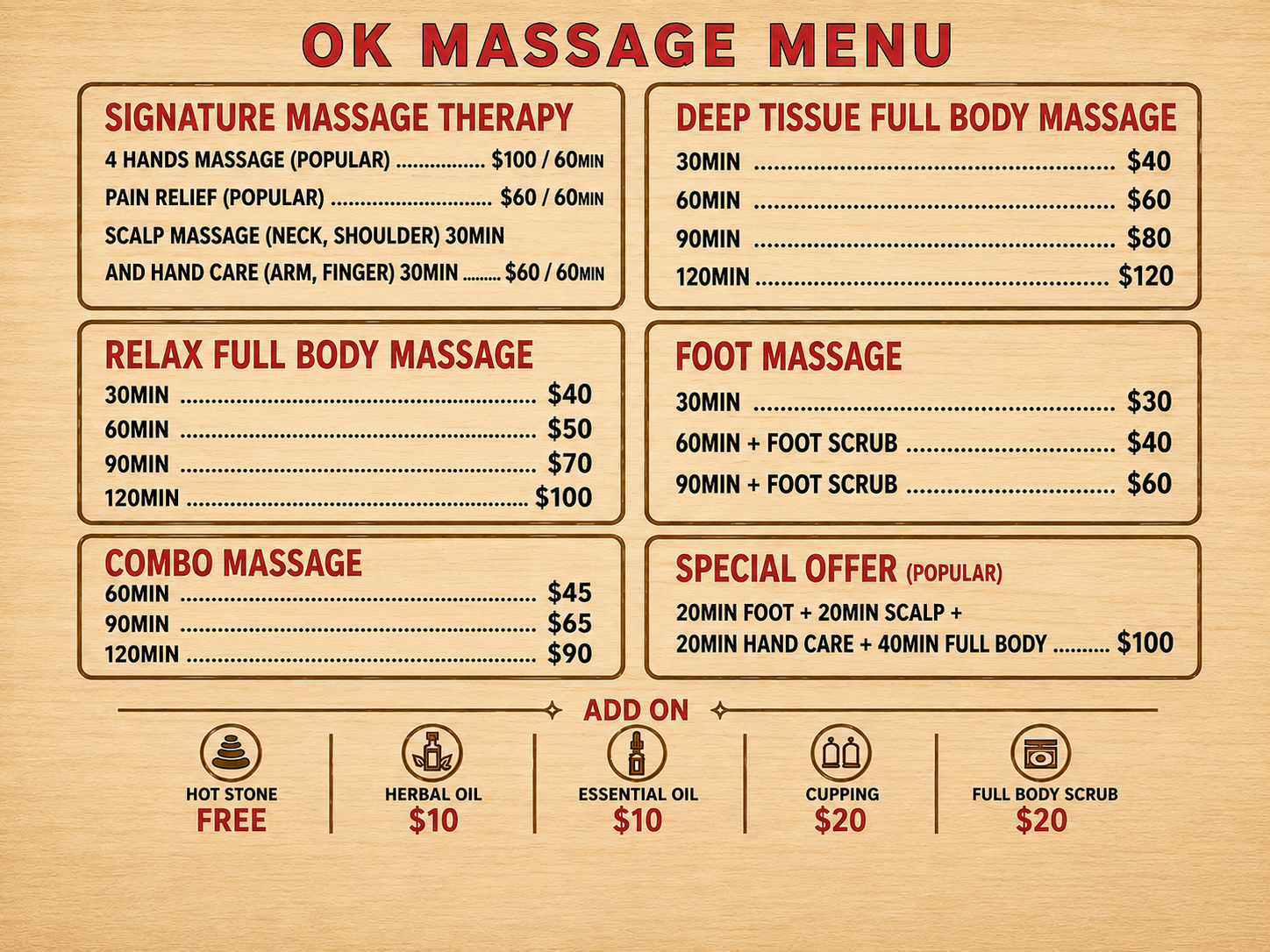 OK Massage Service Menu