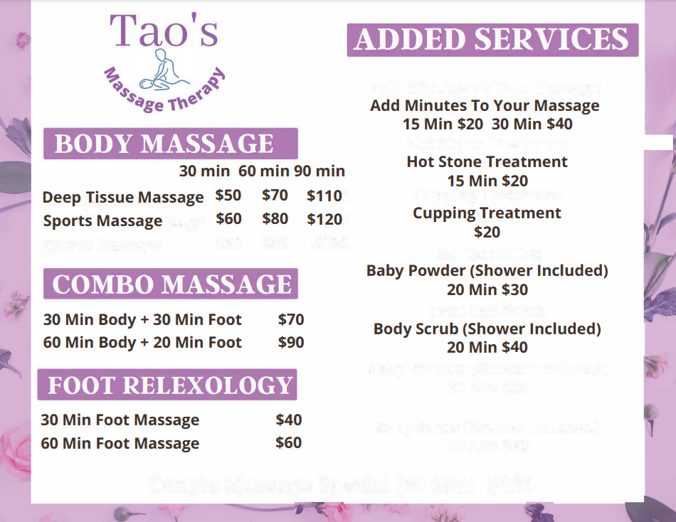 Tao's Massage Therapy Menu