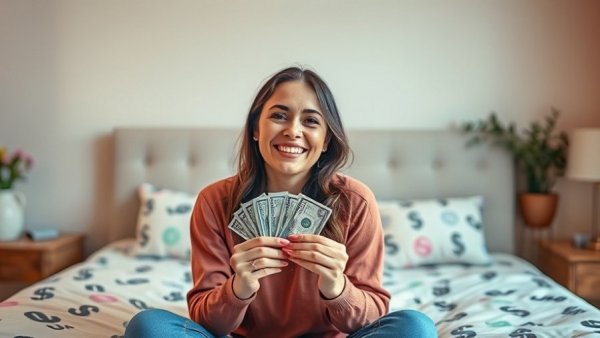 Make $500 a Day Online Using AI - Woman with cash on bed.