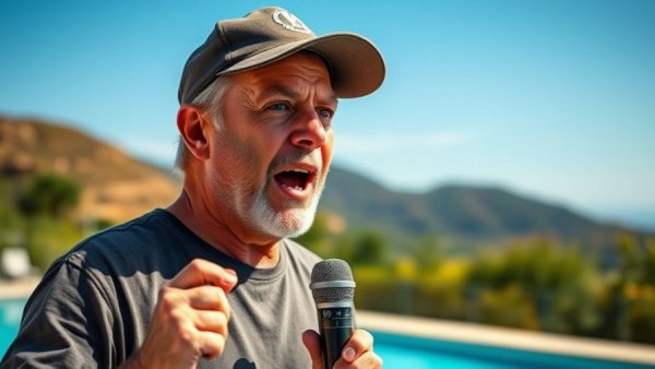 Middle-aged man giving motivational speech to build your next business by the pool