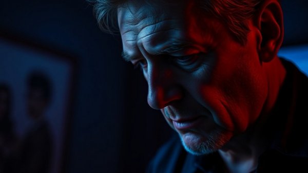 Dramatic shot emphasizing a man's intense expression in low light, resembling innovation and intensity.