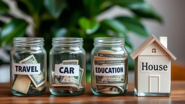 Realistic financial plan jars filled with money for travel, car, education, house.