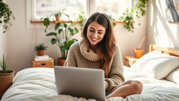 Young woman working on laptop in cozy plant-filled bedroom, rethinking money.