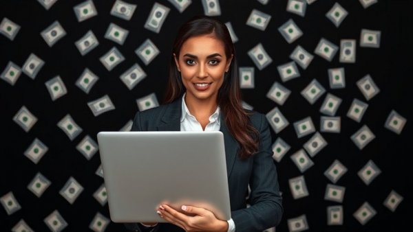 Confident woman with laptop and stacks of money, representing steps to become a millionaire by 2026.