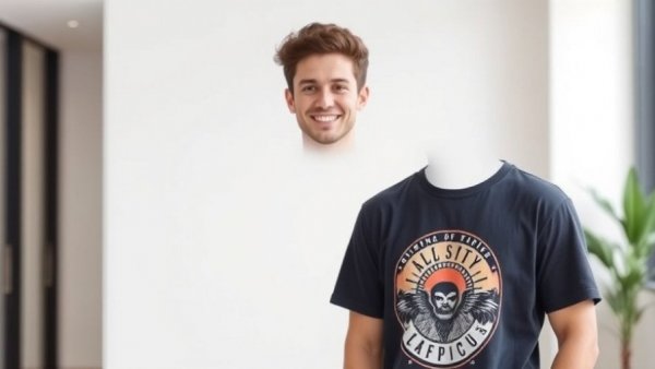 Young man in graphic t-shirt smiling indoors.