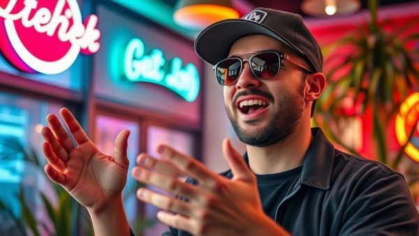 Enthusiastic speaker in vibrant setting discussing websites to make money online.