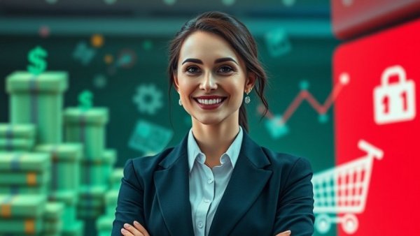 Shopify Tutorial for Beginners 2026: Woman, money stacks, ecommerce icons.