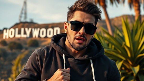 Stylish man in hoodie and sunglasses speaking, Hollywood backdrop.