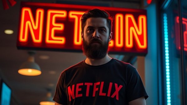 Netflix-themed scene with glowing sign and character, Netflix for Course Creation.