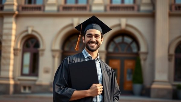 Confident graduate holding diploma outside university, knowledge resources.