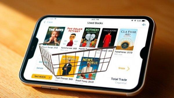 Selling used books online: mobile cart interface with books and prices.