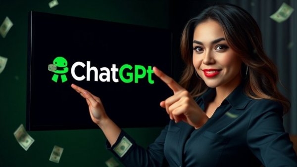 ChatGPT Make You a Millionaire: Woman pointing at money stack with ChatGPT logo.
