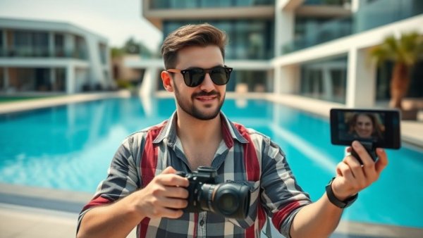 Creating viral videos by the pool with modern architecture.