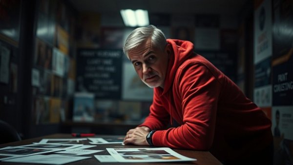 Intense man in red hoodie amid print-on-demand evidence, dramatic lighting.