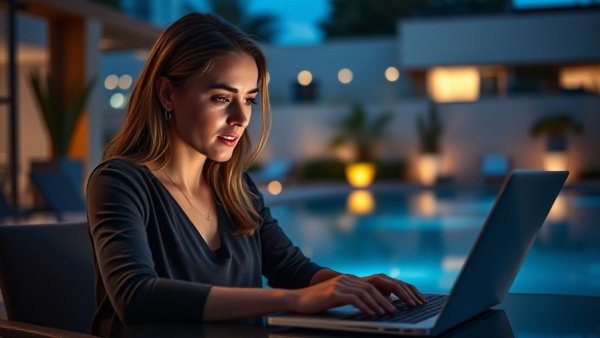 Focused woman working late on a laptop for success.