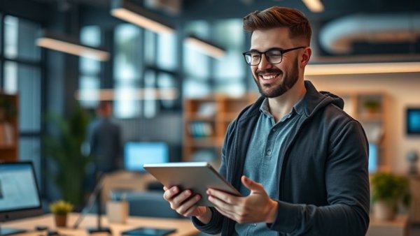 Entrepreneur demonstrates AI technology in a tech workspace.
