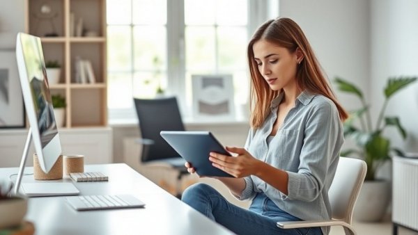 Woman using tablet at minimalist desk, signs you’re ready to start your own business.