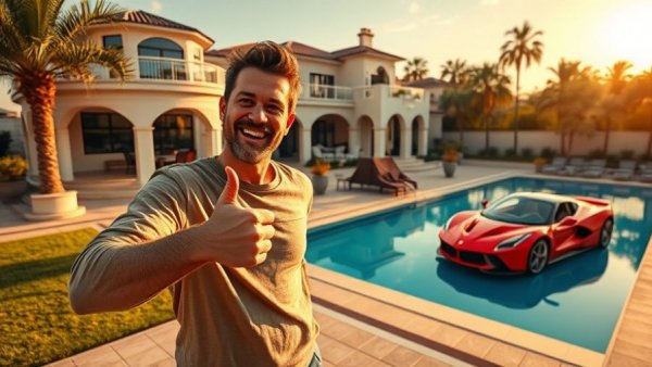 Man celebrates content creation success at grand villa with pool and sports car.