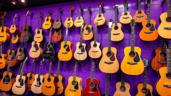 Display of diverse guitars in bright music store setting.